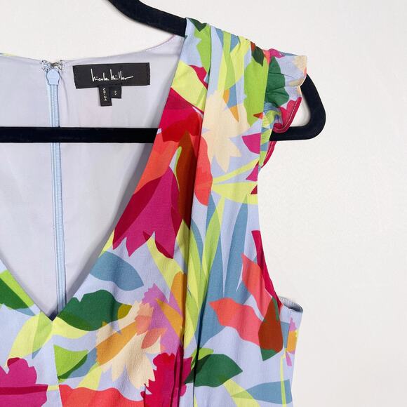 Nicole Miller Small Blue Pink Floral Oasis Silk Ruffle Midi Dress VNeck Cocktail - Picture 6 of 12